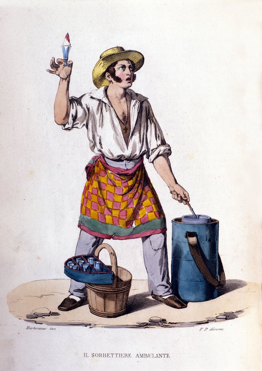 Napoli şehrinin küçük işletmesi: dondurma ve şerbet satıcısı. F. Palizza'nın bir tablosundan sonra gravür. Francesco de Bourcard'ın bir çalışmasından “” Costumi del regno di Napoli”” by Filippo Palizzi