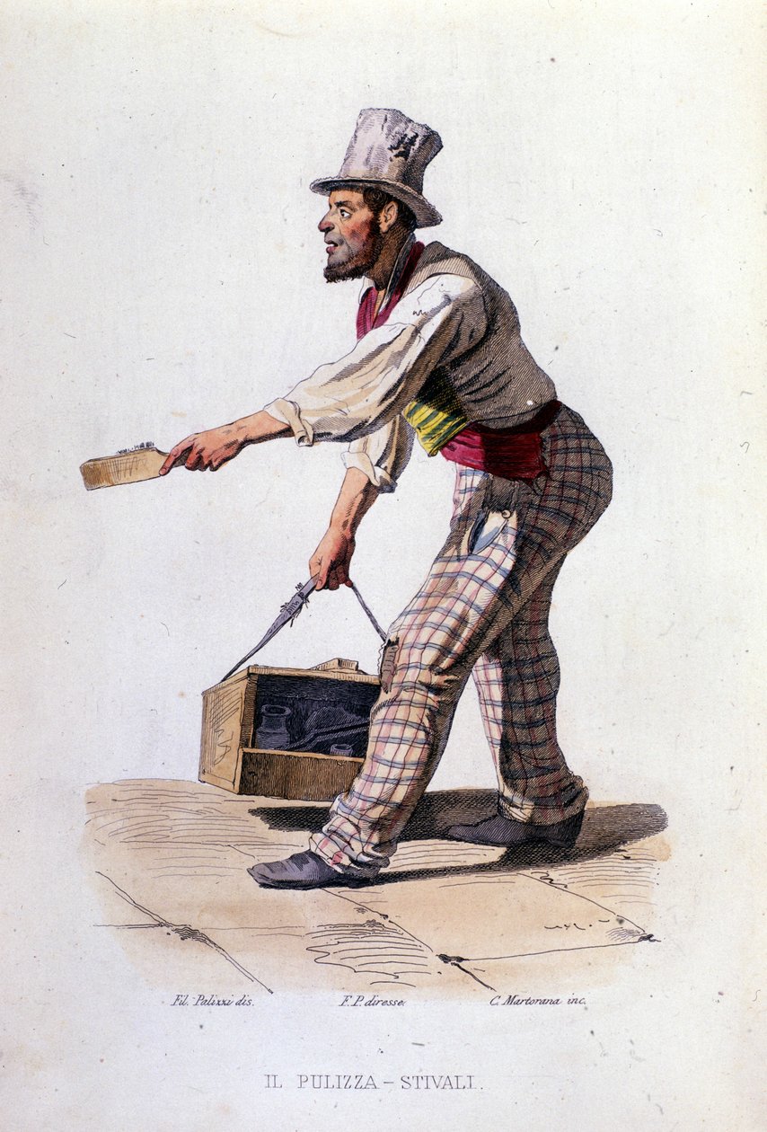 Napoli şehrinin küçük işletmesi: ayakkabı boyacısı. F. Palizza'nın bir tablosundan sonra gravür. Francesco de Bourcard'ın bir çalışmasından “” Costumi del regno di Napoli”” by Filippo Palizzi