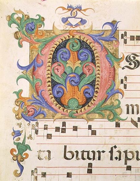 Missal 515 f.123r Yapraklar ve fantastik kuşlarla süslenmiş ilk 