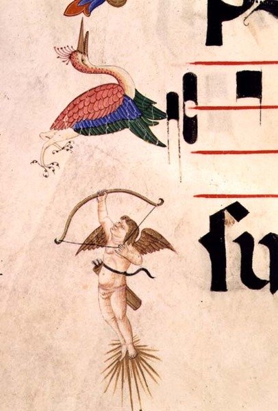 Missal 515 f.5r Yay ve görünmez okla bir leylek vuran bir Cherub, 1449