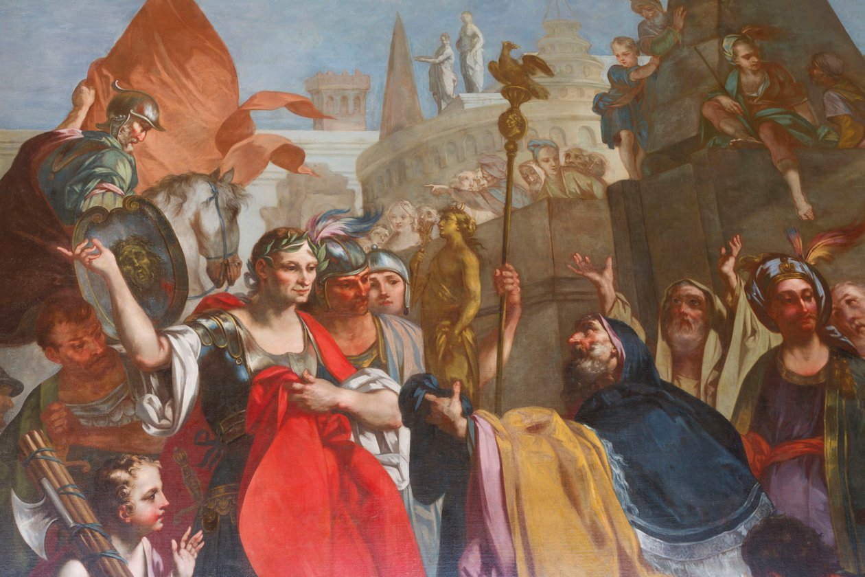 Sezar İskenderiye duvarlarının altında, yazan Felice Manassero, duvar halısı karikatürü, antre, Doğu apartmanı, Av evi, yazan Filippo Juvarra (1678-1736), Stupinigi, Piedmont, İtalya by Filippo or Juvara Juvarra