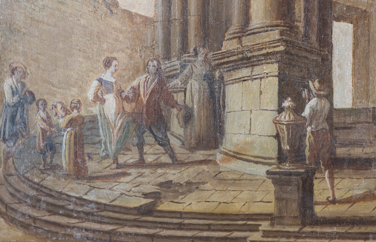 Tür sahnesi, ahşap üzerine yağlı boya, salon penceresi panjurlarının ayrıntıları, Kraliçe'nin dairesi, Av evi, yazan Filippo Juvarra (1678-1736), Stupinigi, Piedmont, İtalya by Filippo or Juvara Juvarra