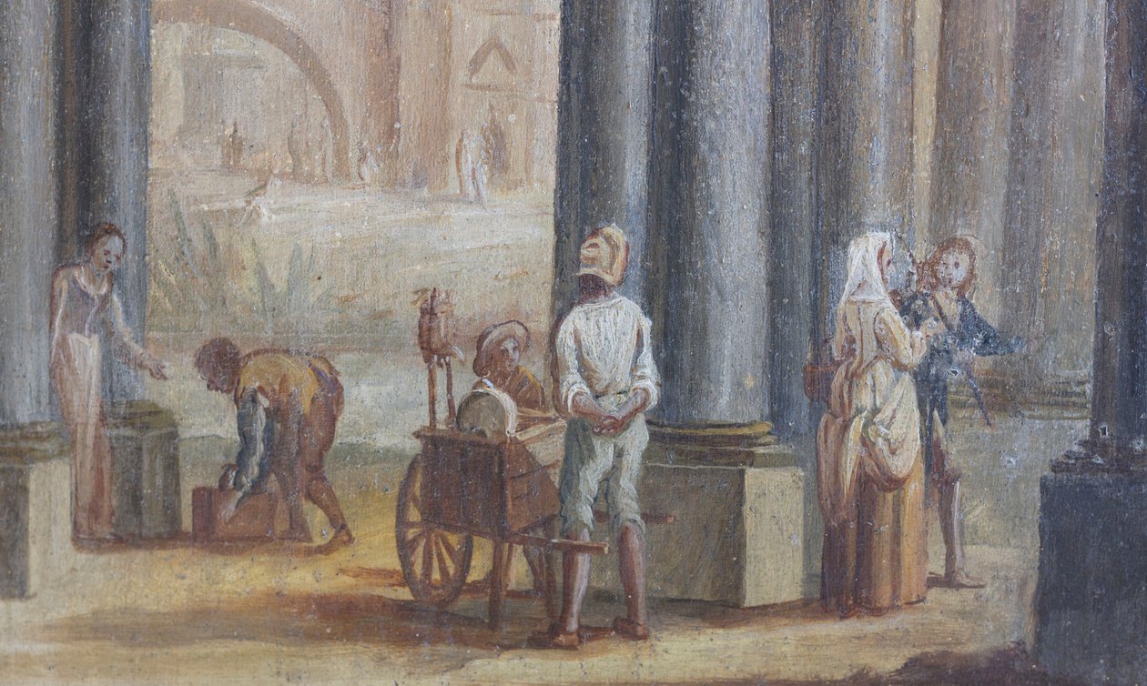 Tür sahnesi, ahşap üzerine yağlı boya, salon penceresi panjurlarının ayrıntıları, Kraliçe'nin dairesi, Av evi, yazan Filippo Juvarra (1678-1736), Stupinigi, Piedmont, İtalya by Filippo or Juvara Juvarra