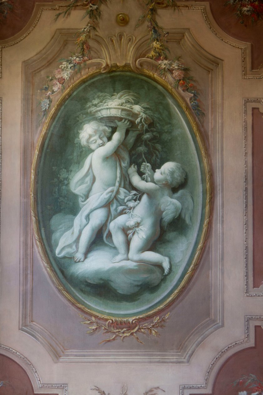 Puttos ve çiçeklerle Trompe-l'oeil madalyon, grisaille, fresk, Saint Hubert şapeli, Av evi, Filippo Juvarra (1678-1736), Stupinigi, Piedmont, İtalya by Filippo or Juvara Juvarra