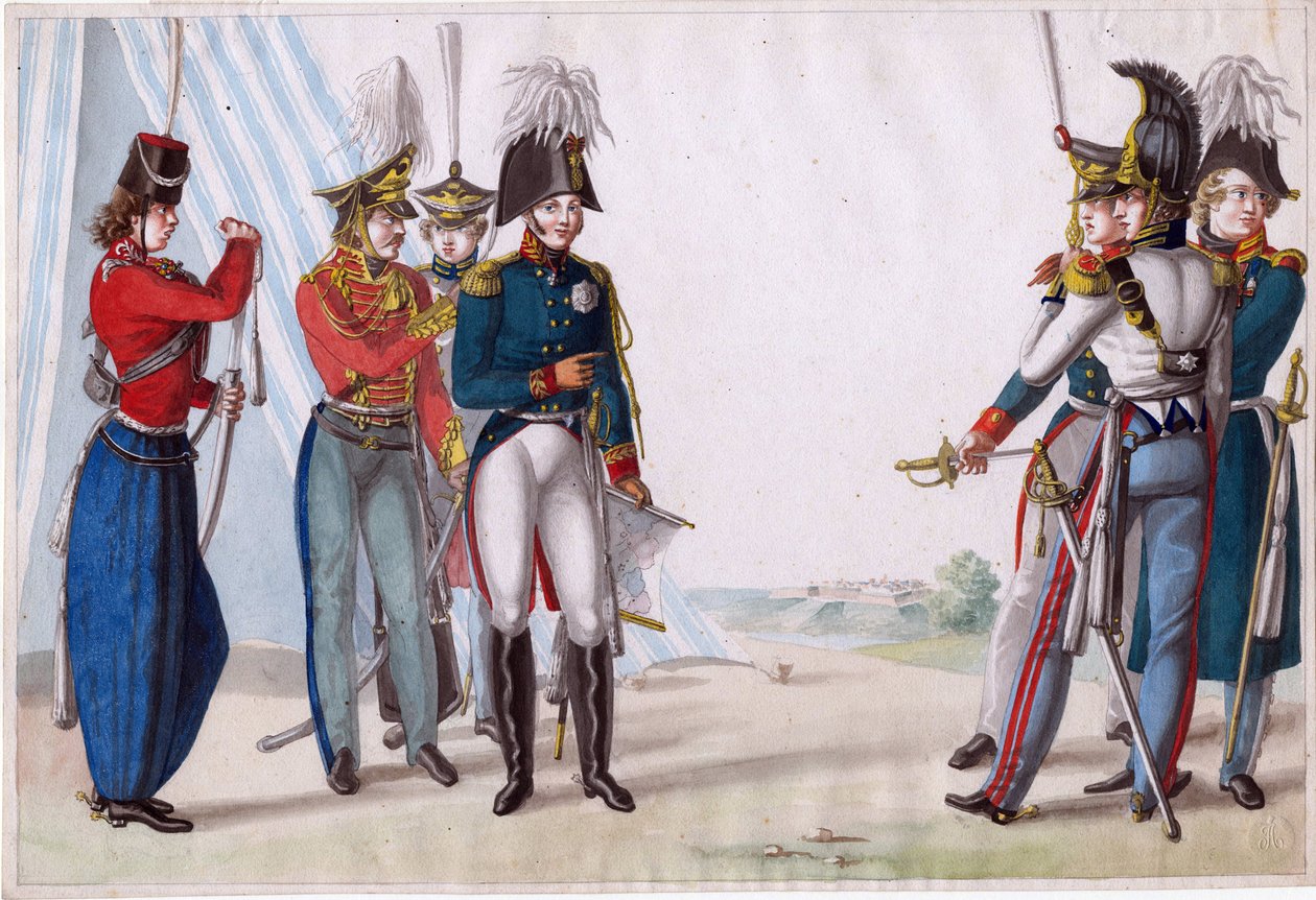Alexandre Ier, tsar de Russie (1777-1825) - Çar Alexander I ve Rus subayları - Finert (Finart), Noel Dieudonne (1797-1852) - 1815 - Kağıt üzerine suluboya - 23,3x34,5 - Özel Koleksiyon by Finart Noël Dieudonné