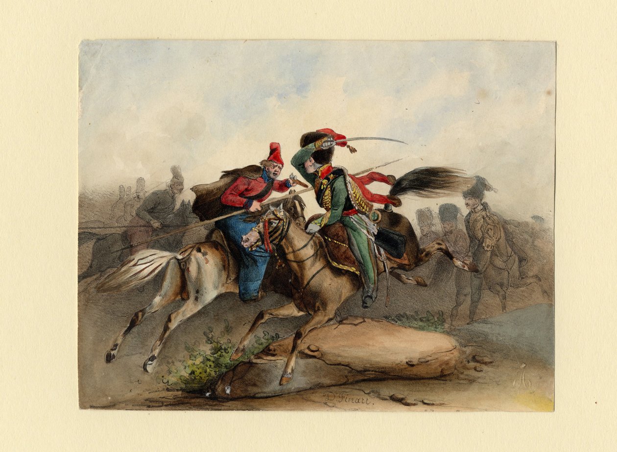 Rus Kazakları ile Savaşta İmparatorluk Muhafızlarının Fransız Atlı Şövalyeleri, c. 1830 by Finert