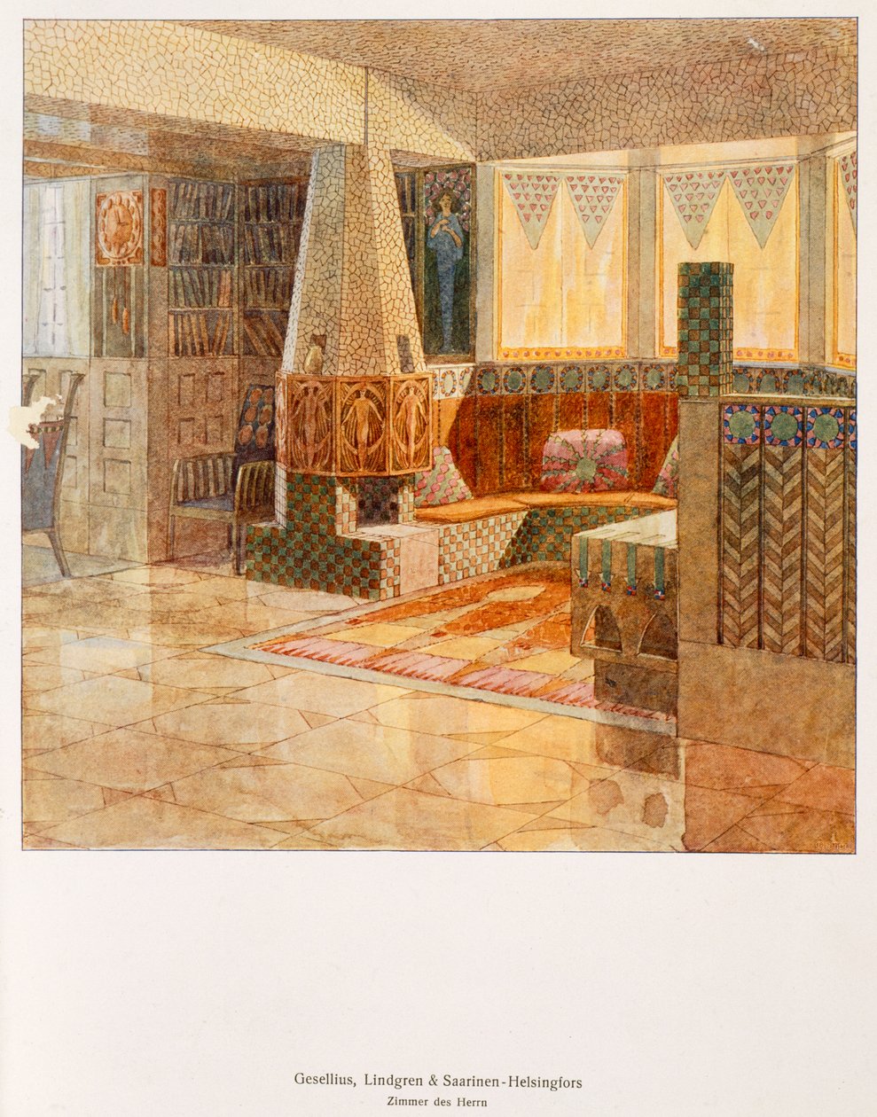 Bir Alman yayınından Gesellius, Lindgren ve Sarrinen-Helsingfors tarafından tasarlanan centilmenler odası, c.1895 by Finnish School