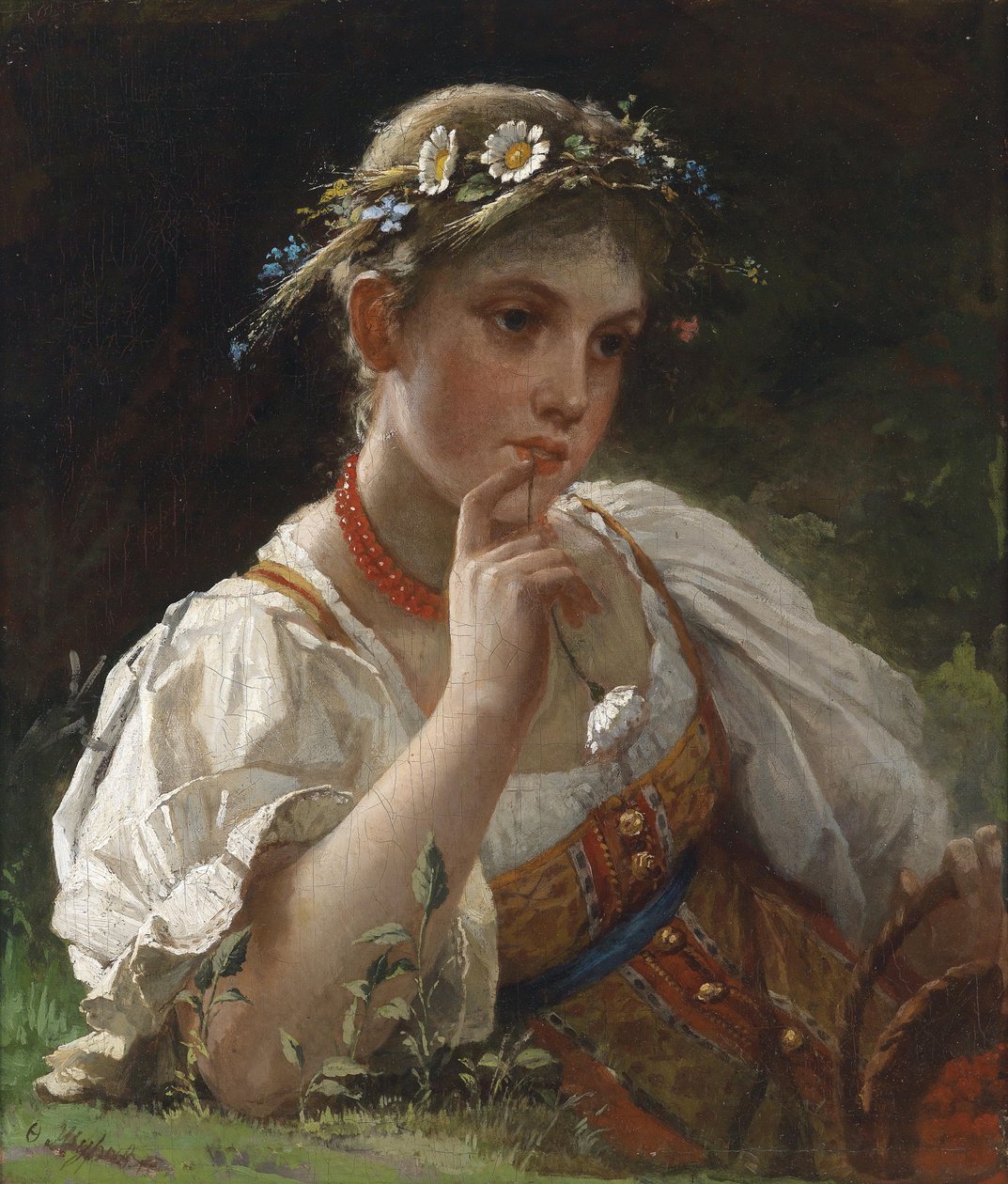 Çiçek çelenk ile kostümlü kız by Firs Sergeevich Zhuravlev