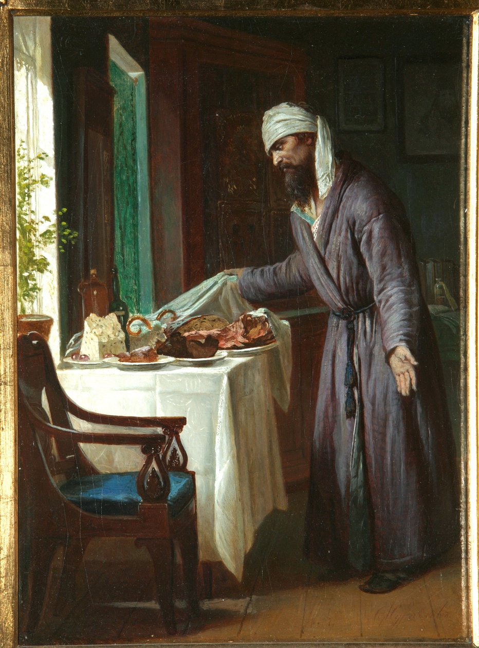 Sabah Akşamdan Kalması - Resim Firs Sergeevich Zhuravlev (1836-1901), tuval üzerine yağlı boya, 40x29.6 cm, 19. yüzyıl sonu - Özel koleksiyon by Firs Sergeevich Zhuravlev