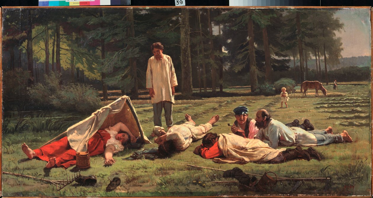 Saman Hasadında Dinlenme - Firs Sergeevich Zhuraviev (1836-1901), tuval üzerine yağlı boya tablosu by Firs Sergeevich Zhuravlev