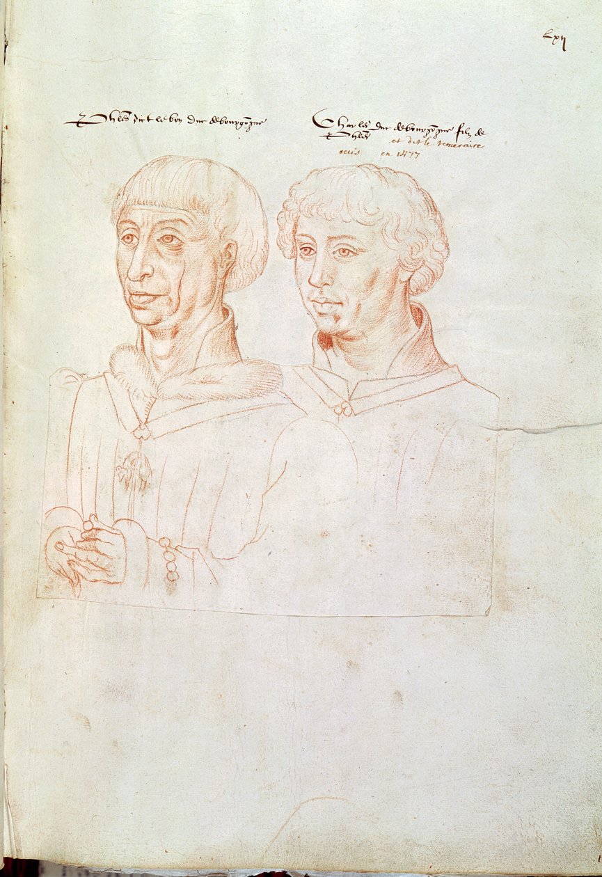 Ms 266 f.61 Philip III the Good (1396-1467) Burgundy Dükü ve oğlu, Charles the Bold (1433-77) 