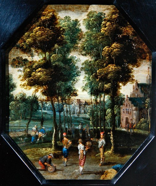 Bir nehir yakınındaki bir köyde bir Kermesse sahnesi (bakır üzerine yağ, sekizgen) by Flemish School