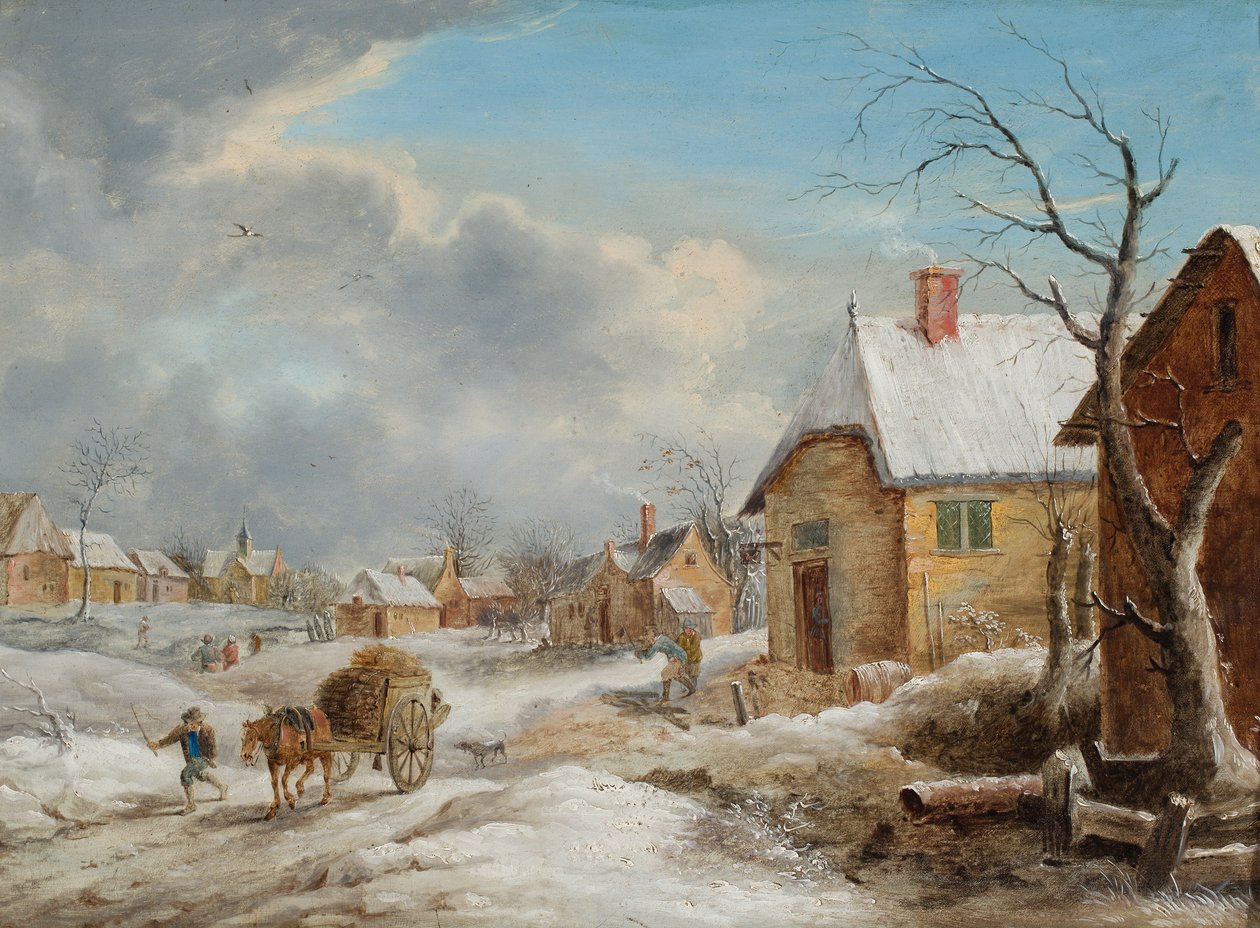 Odun yüklü bir arabayı çeken bir at ile kışın bir köy by Flemish School