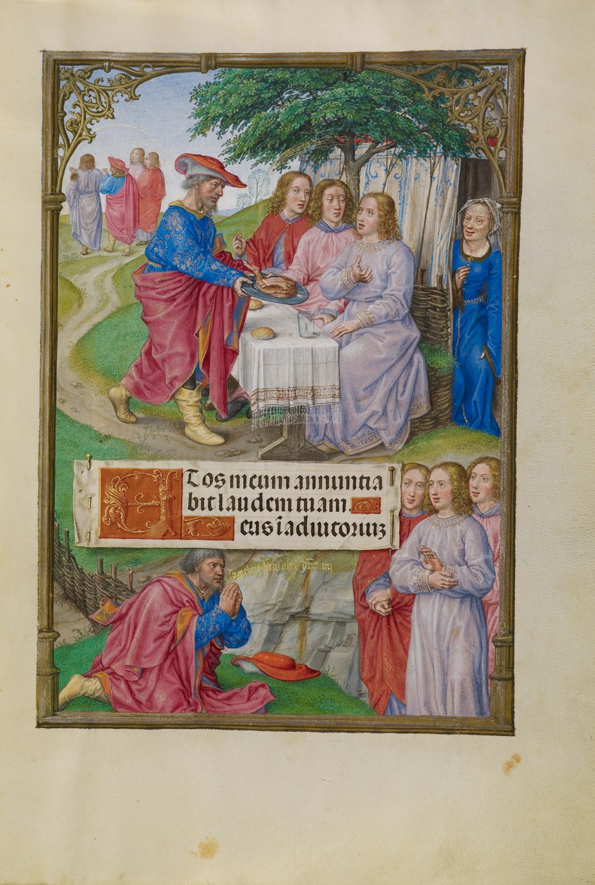 İbrahim ve Üç Melek, c.1510-20 (tempera, altın ve parşömen üzerine mürekkep) by Flemish School