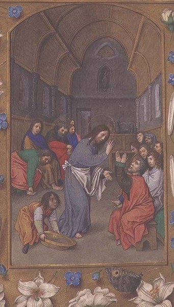 Ek 54782, f.265v: İsa öğrencilerin ayaklarını yıkıyor, Hastings Saatlerinden, c.1475-83 (parşömen) by Flemish School