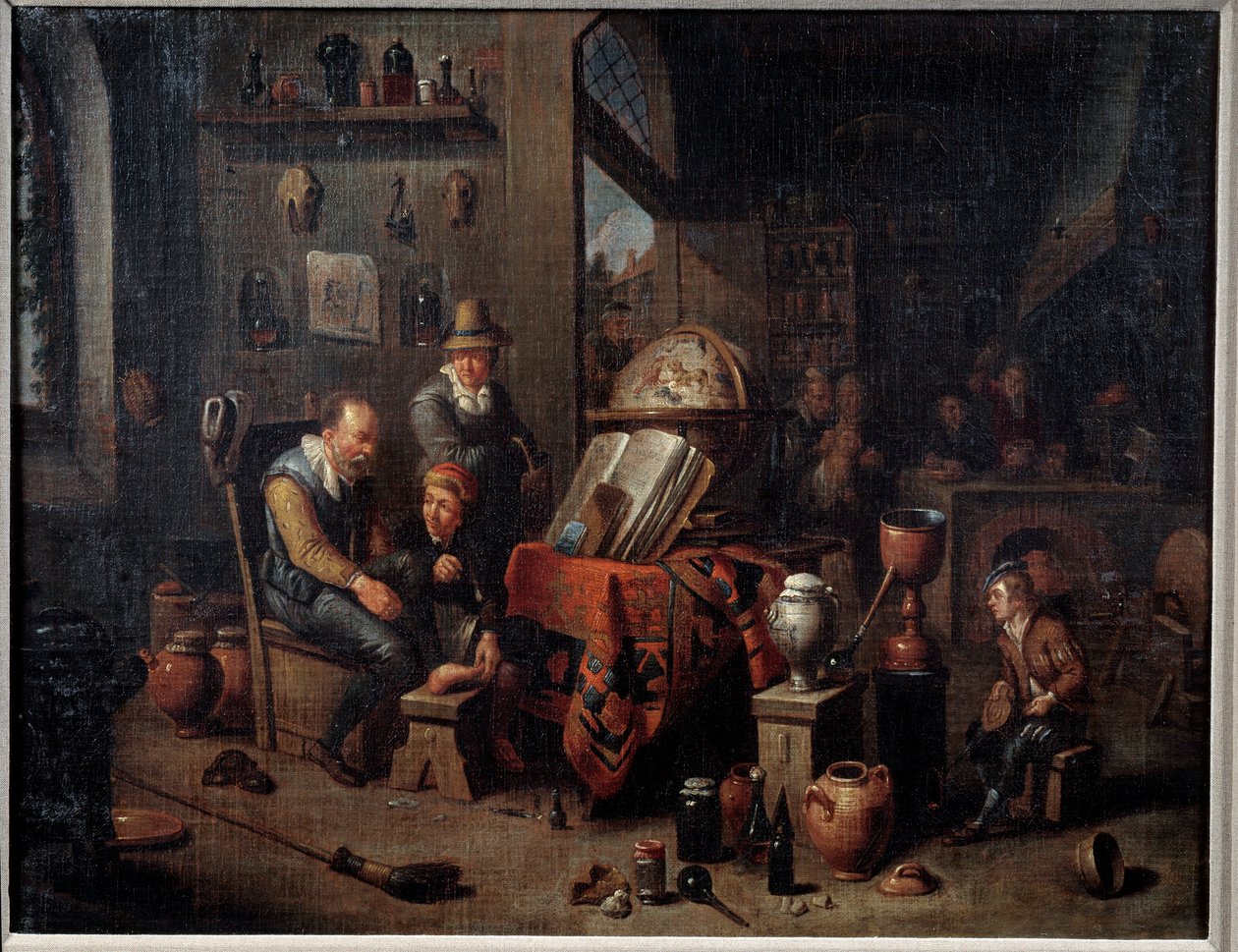 Bir eczacı Laboratuvarındaki eczacı, çıraklarına yardım eder ve aletlerini, matarasını, haritasını, hareketsizliğini çevreler. Arkada, mağaza tezgahı. Flaman Okulu