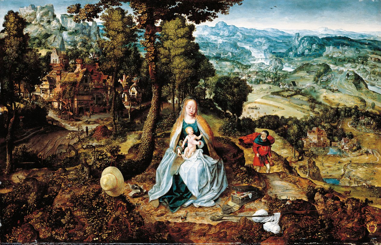 The Rest on the Flight Mısır, Antwerp okulu, c.1520 ile kapsamlı bir manzara by Flemish School