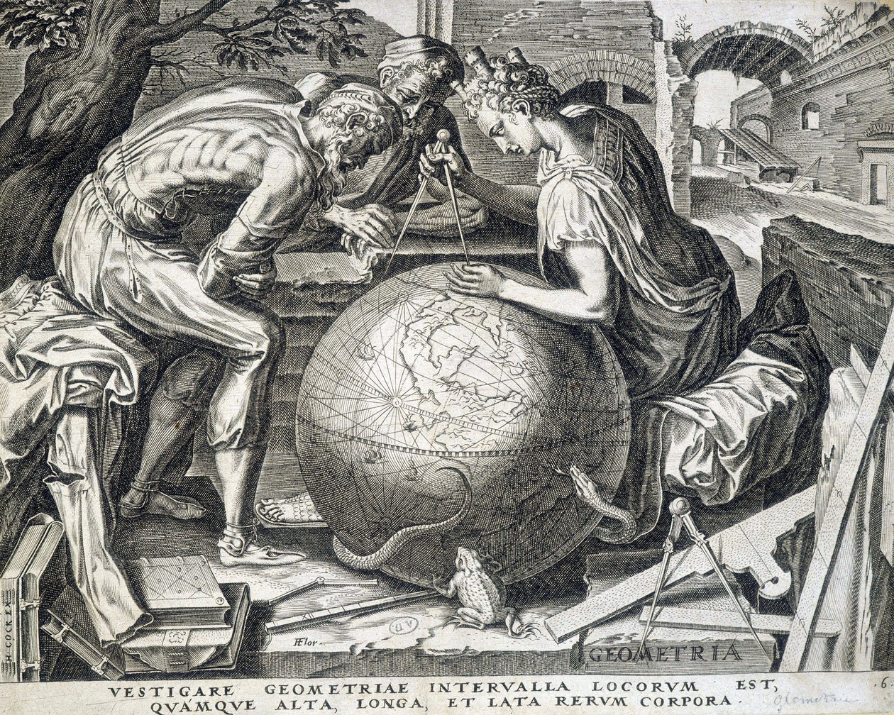 Comppas (geometri alegorisi) ile dünyanın üzerine eğilen karakterler - gravür, Flanders by Flemish School