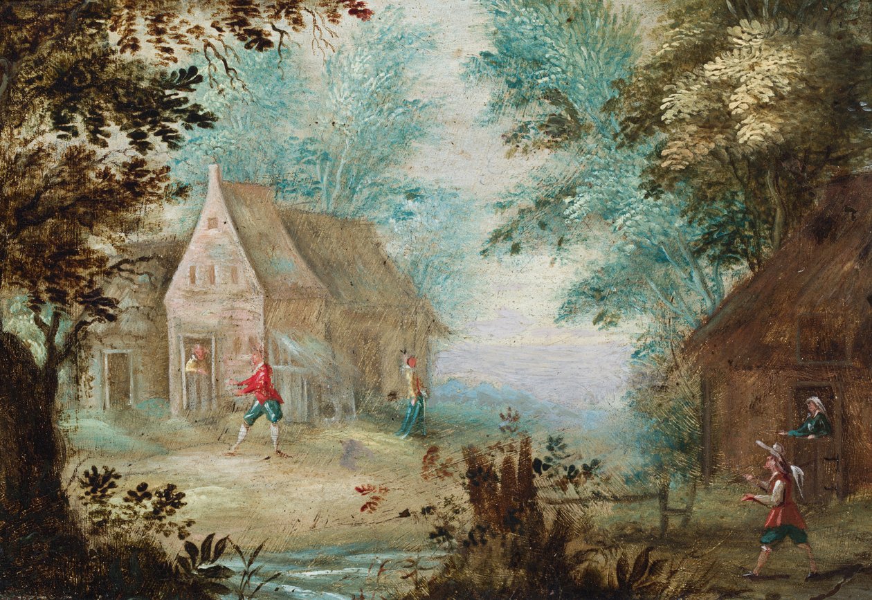 Ormanlık bir kayalıktaki kulübelerin yakınındaki şekiller by Flemish School