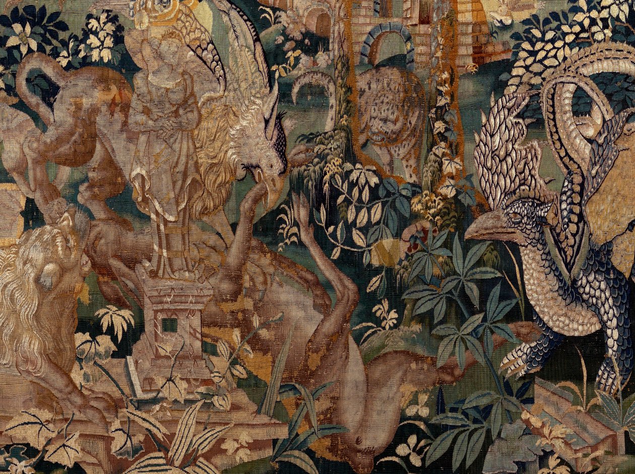Flaman halısı. 2 sütunlu, pergola ve büyük hayvanlarla manzara. Oudenaarde Atölyesi. 319x508cm. Env 0023. 17. yüzyıl. by Flemish School