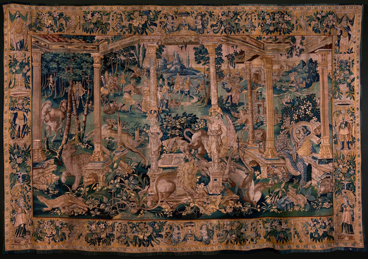 Flaman halısı. Pergola ve büyük hayvanlarla manzara. Geniş pergolalı versiyon. Oudenaarde Atölyesi. 340x498cm. Env 00023. 17. yüzyıl. by Flemish School