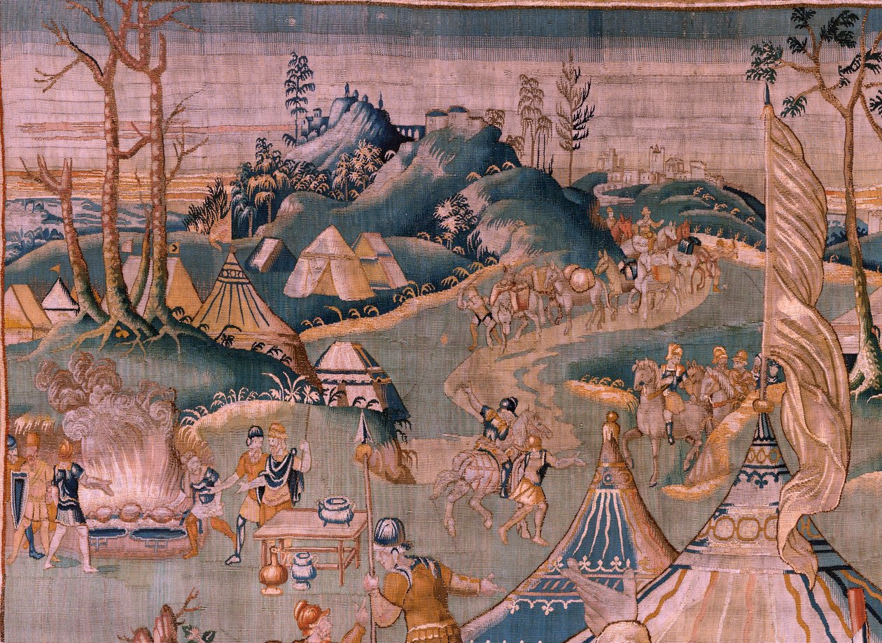 Flaman halısı. Granikos Nehri yakınında askeri kamp. Oudenaarde Atölyesi. 377x393cm. Env 83104-9 /00011. 17. yüzyıl. by Flemish School