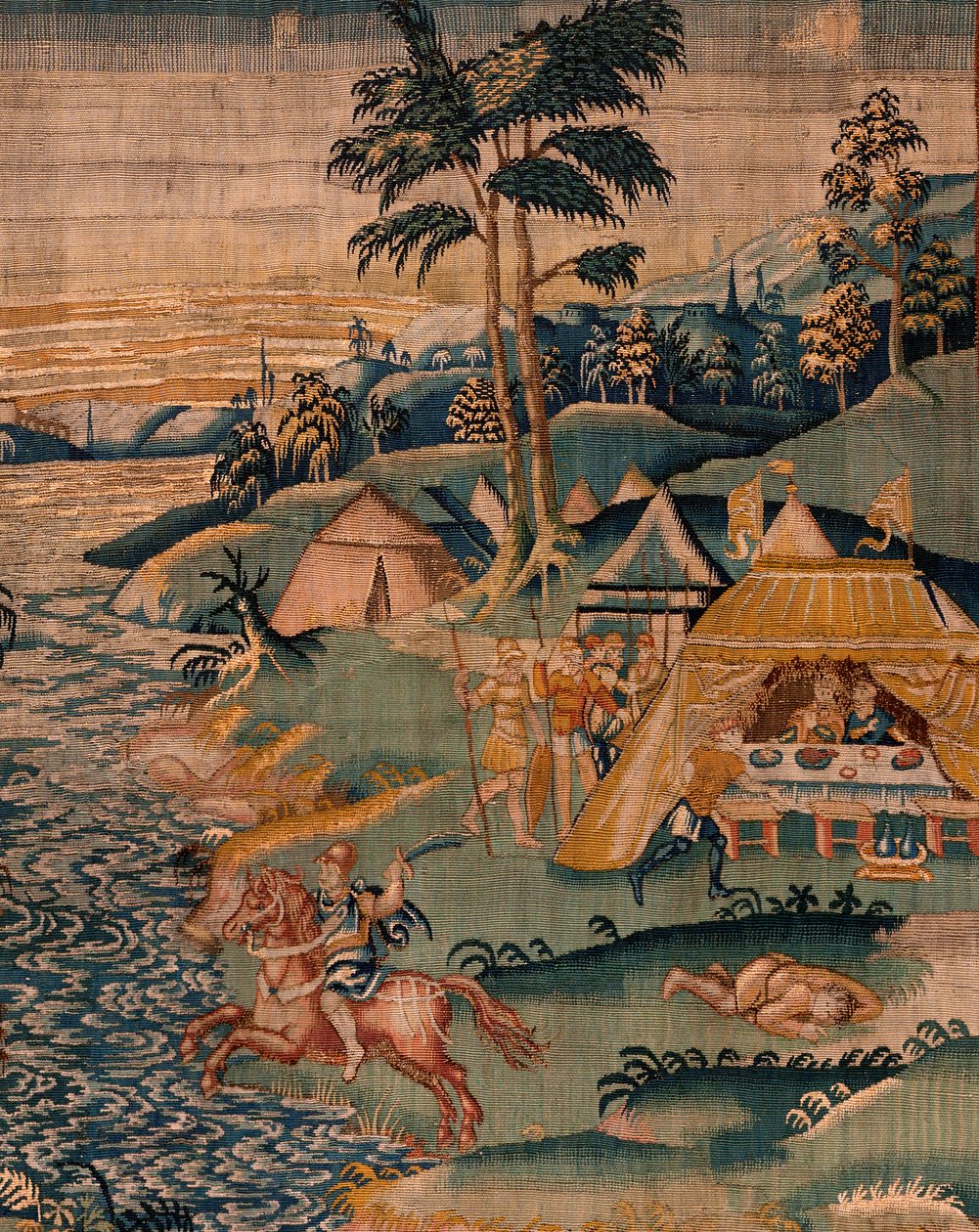 Flaman halısı. Granikos Nehri yakınında askeri kamp. Oudenaarde Atölyesi. 377x393cm. Env 83104-9 /00011. 17. yüzyıl. by Flemish School