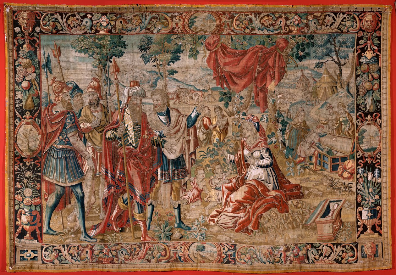 Flaman halısı. Esav ve Yakup serisi. Laban çalınan putları arar (Labán busca los ídolos robados). Serinin ikinci halısı. Hollanda imalatı. 16. yüzyılın ikinci yarısı. Kumaş Yün. Konum Bari Aziz Nikolaos Kilisesi ( by Flemish School