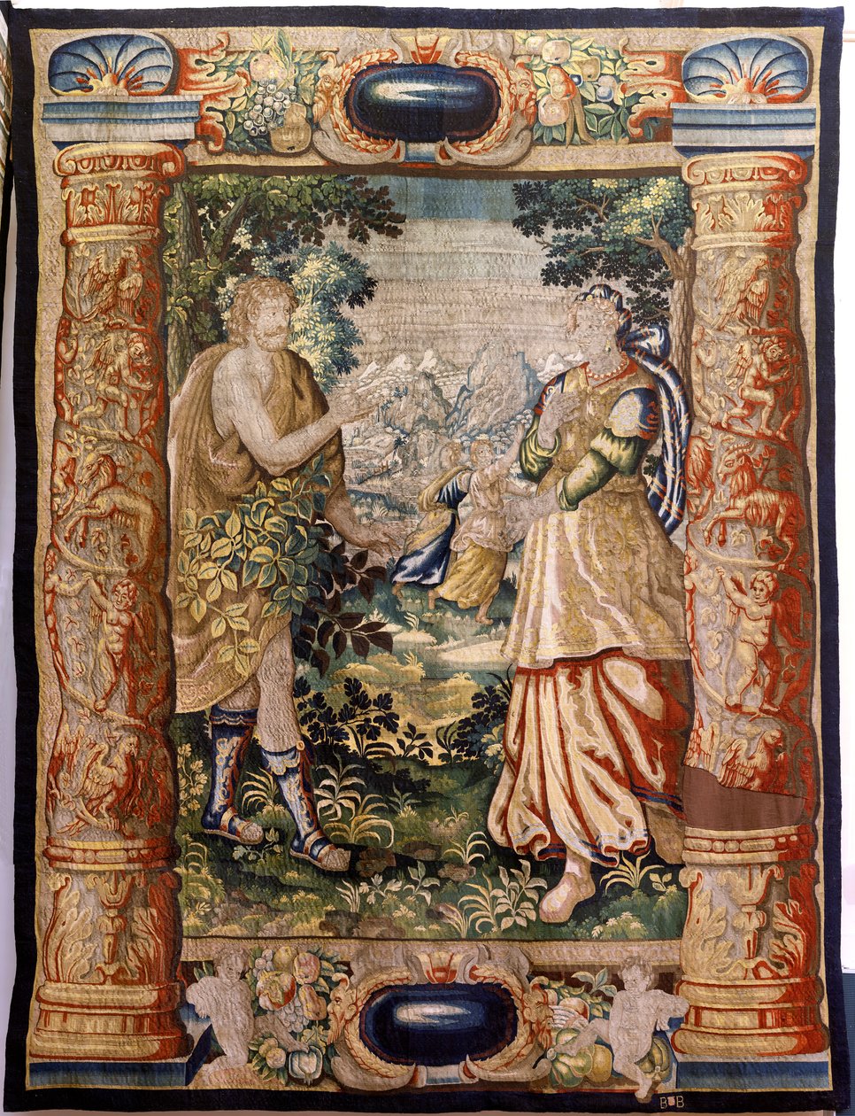 Flaman halısı. Seri Cesaret (Galante). Cesur sahne (Escena galante). Brüksel üretimi, 17. yüzyılın başlarında. Kumaş İpek ve yün, cm başına 5/6 çözgü. Boyut 348 x 263 cm. Konum San Millán de la Cogolla Kilisesi, Oncala (Soria). Kökeni A bağış by Flemish School