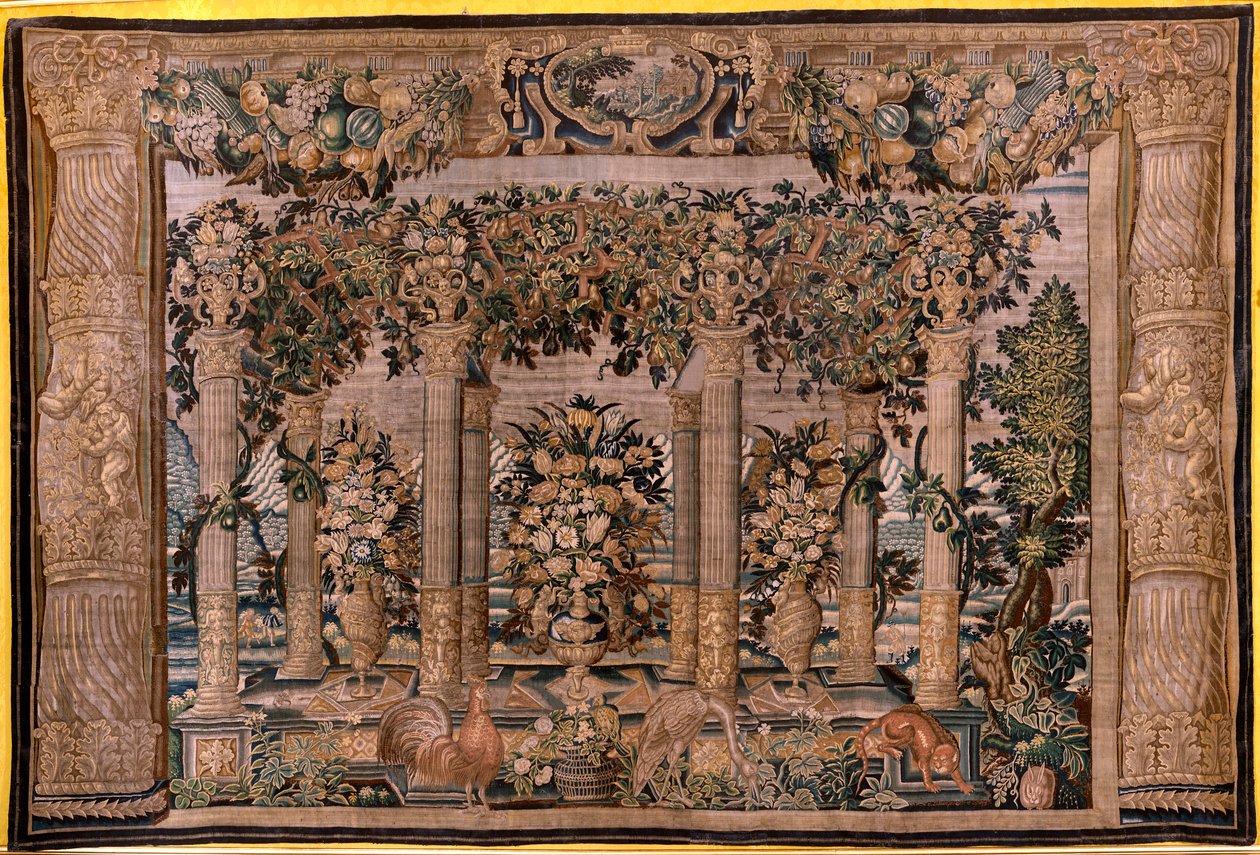Flaman halısı. Hayvanlarla Seri Galeriler veya Espaliers Galerileri (Galerías con animales o Galerías de emparrados 10). Serinin ikincisi. İpek ve yün. 17. yüzyıl. by Flemish School