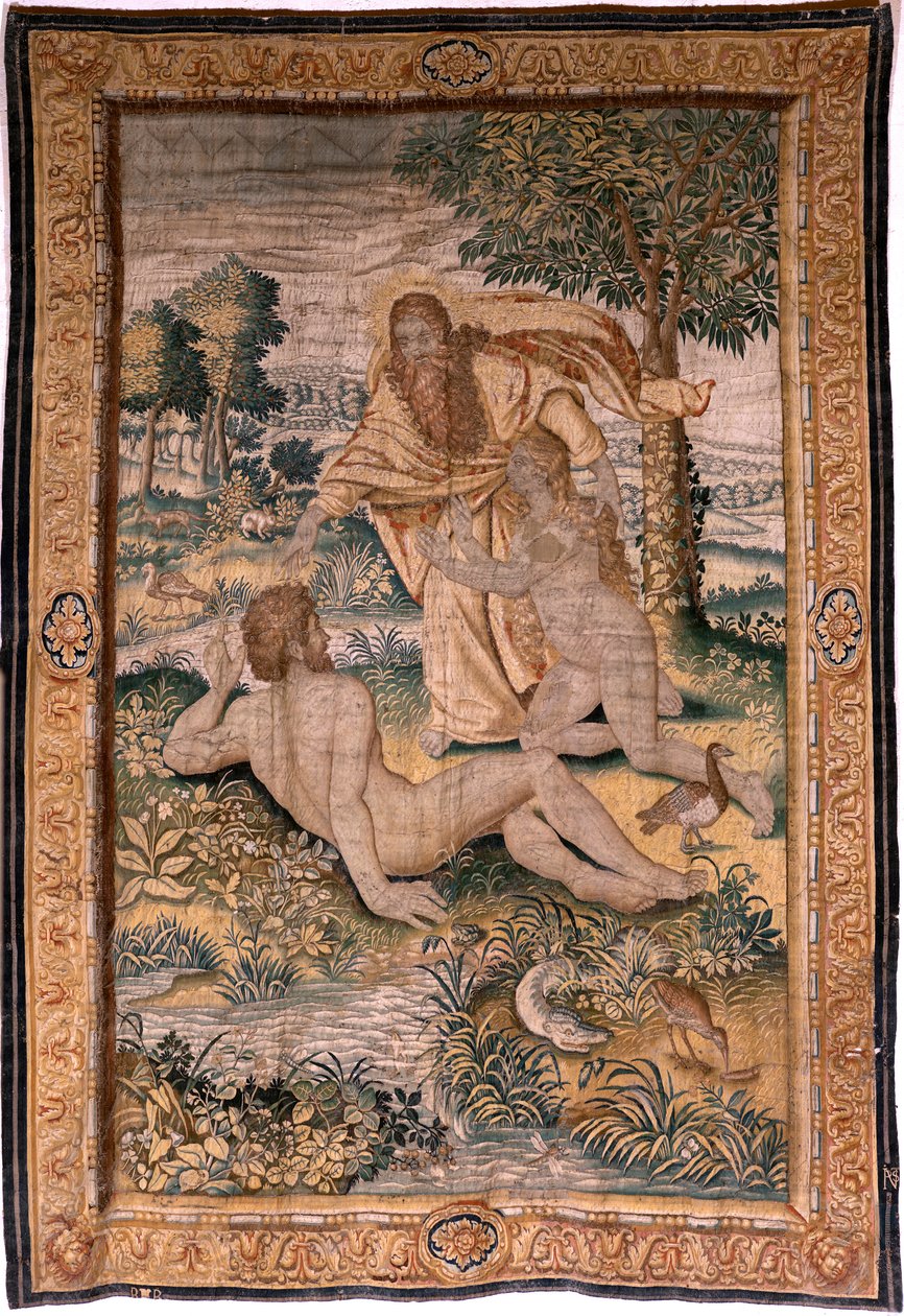Flaman halısı. Seri Genesis veya Yaratılış Adamı. Tanrı Kadını yaratır ve onu Adem ile tanıştırır (Dios crea a la mujer y la presenta a Adán). Michiel Coxcie