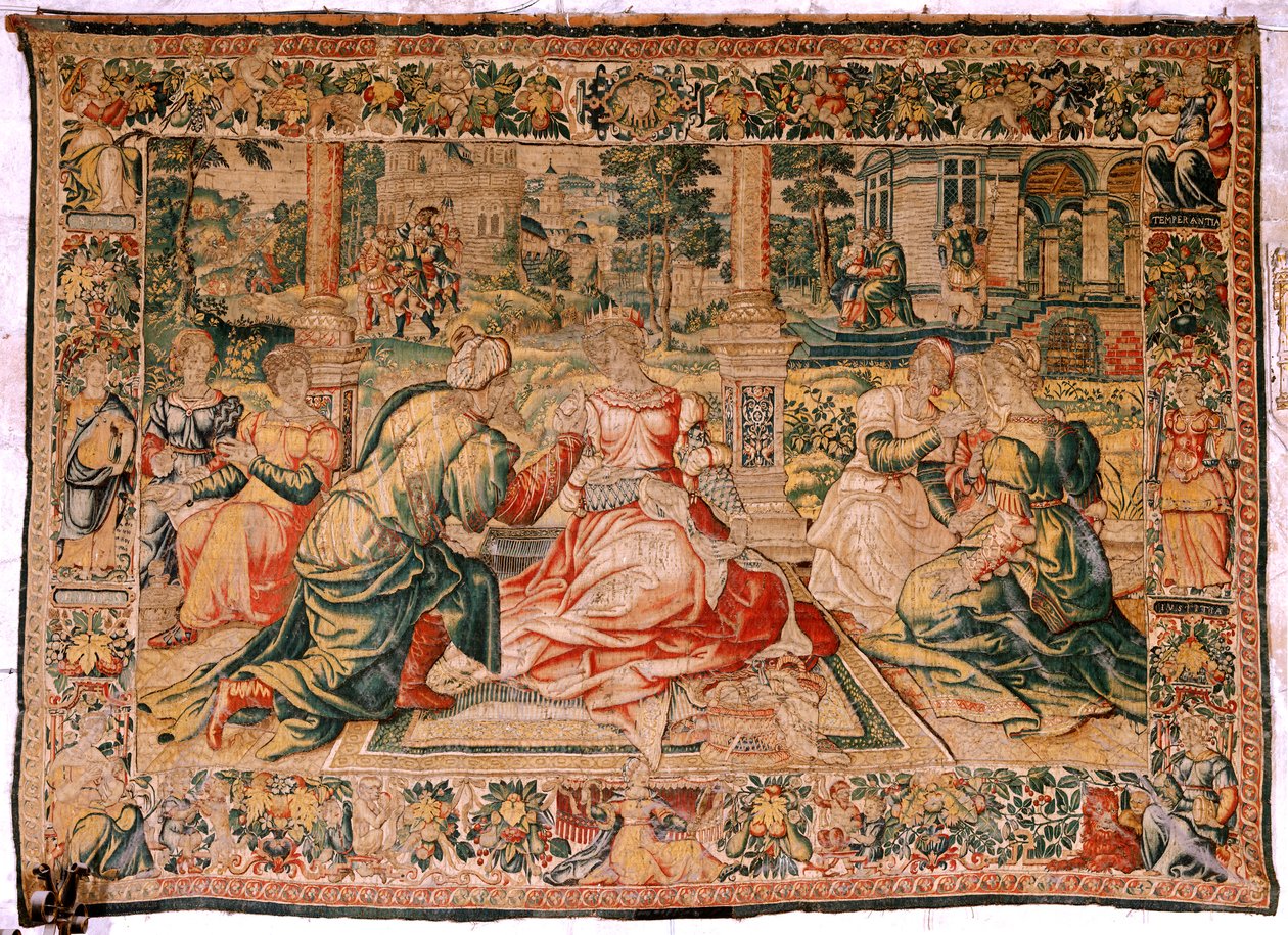 Flaman halısı. Seri Mark Anthony ve Kleopatra. Kleopatra ve sarayı (Kleopatra en su corte). Model Karikatür Pieter Coecke van Aelst