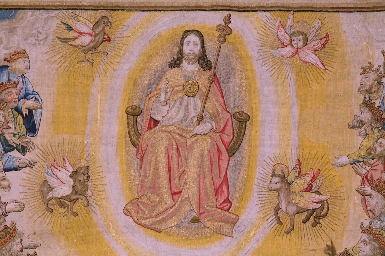 Flaman halısı. Seri The Apocalypse: Aziz Michael ejderhayı yenerken. Atelier Willem Dermoyen, Brüksel. Yaklaşık 1553-1555. Detay. by Flemish School