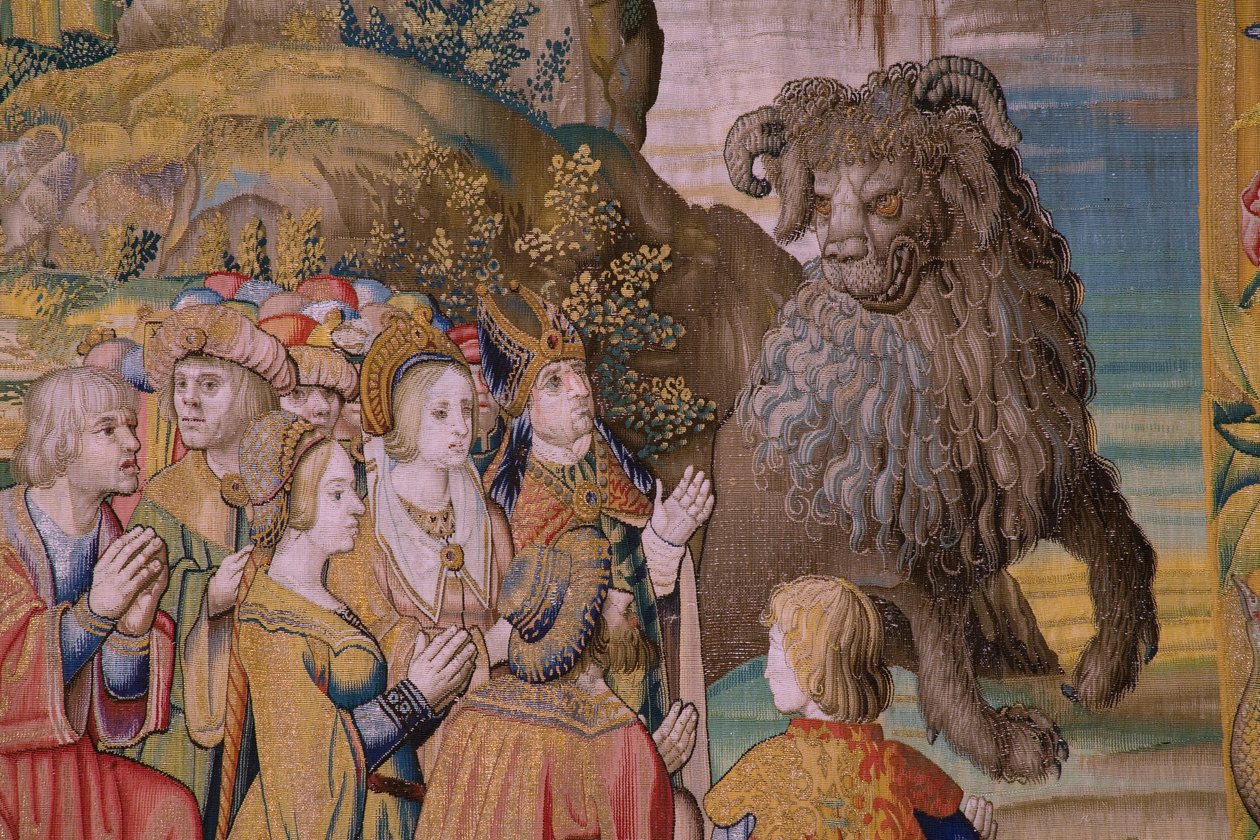 Flaman halısı. Seri The Apocalypse: Aziz Michael ejderhayı yenerken. Atelier Willem Dermoyen, Brüksel. Yaklaşık 1553-1555. Detay. by Flemish School