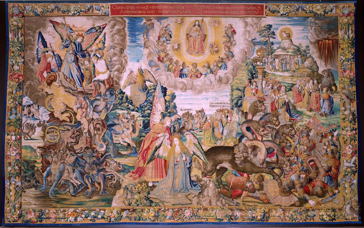 Flaman halısı. Seri The Apocalypse: Aziz Michael ejderhayı yenerken. Atelier Willem Dermoyen, Brüksel. Yaklaşık 1553-1555. by Flemish School