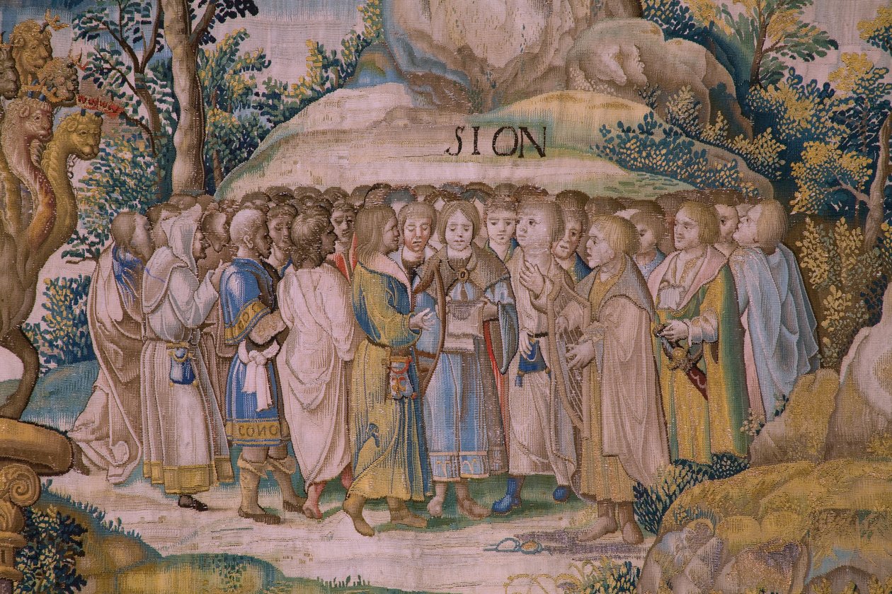 Flaman halısı. Seri The Apocalypse: Aziz Michael ejderhayı yenerken. Atelier Willem Dermoyen, Brüksel. Yaklaşık 1553-1555. Detay. by Flemish School