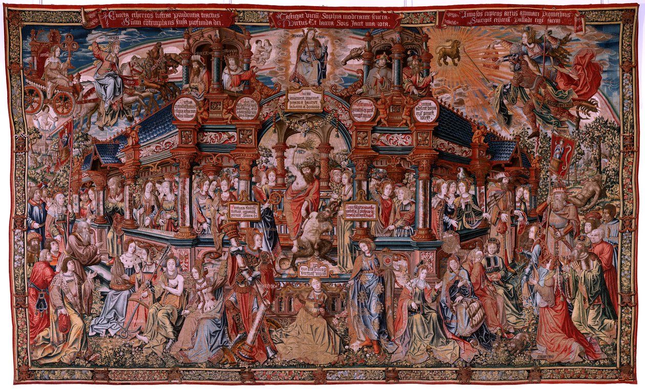 Flaman halısı. Seri Onur. Erdem (La Virtu, El Vicio). Serideki sekizinci goblen. Bernard van Orley ve Jan Gossaert (Mabuse) çevresinden Model Karikatürcüler. Pieter van Aelst, Brüksel imalatı. Ca 1550. Kumaş Altın, gümüş, ipek a by Flemish School