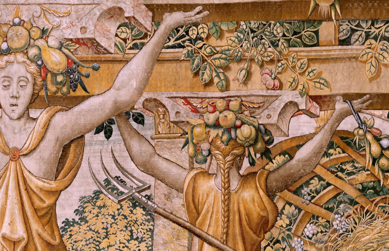 Flaman halısı. Vertumnus ve Pomona Serisi. Çiftçiye dönüşen No II Vertumnus (Vertumno y Pomona II Vertumno transformado en agricultor) no1 sol kısım. Modeller Çemberi Pieter Coecke Van Aelst ve Léonard Thiry. Atölye bilinmiyor, Brüksel. Altın, by Flemish School