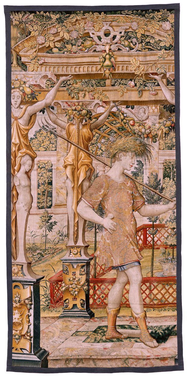 Flaman halısı. Vertumnus ve Pomona Serisi. Çiftçiye dönüşen No II Vertumnus (Vertumno y Pomona II Vertumno transformado en agricultor) no1 sol kısım. Modeller Çemberi Pieter Coecke Van Aelst ve Léonard Thiry. Atölye bilinmiyor, Brüksel. Altın, by Flemish School