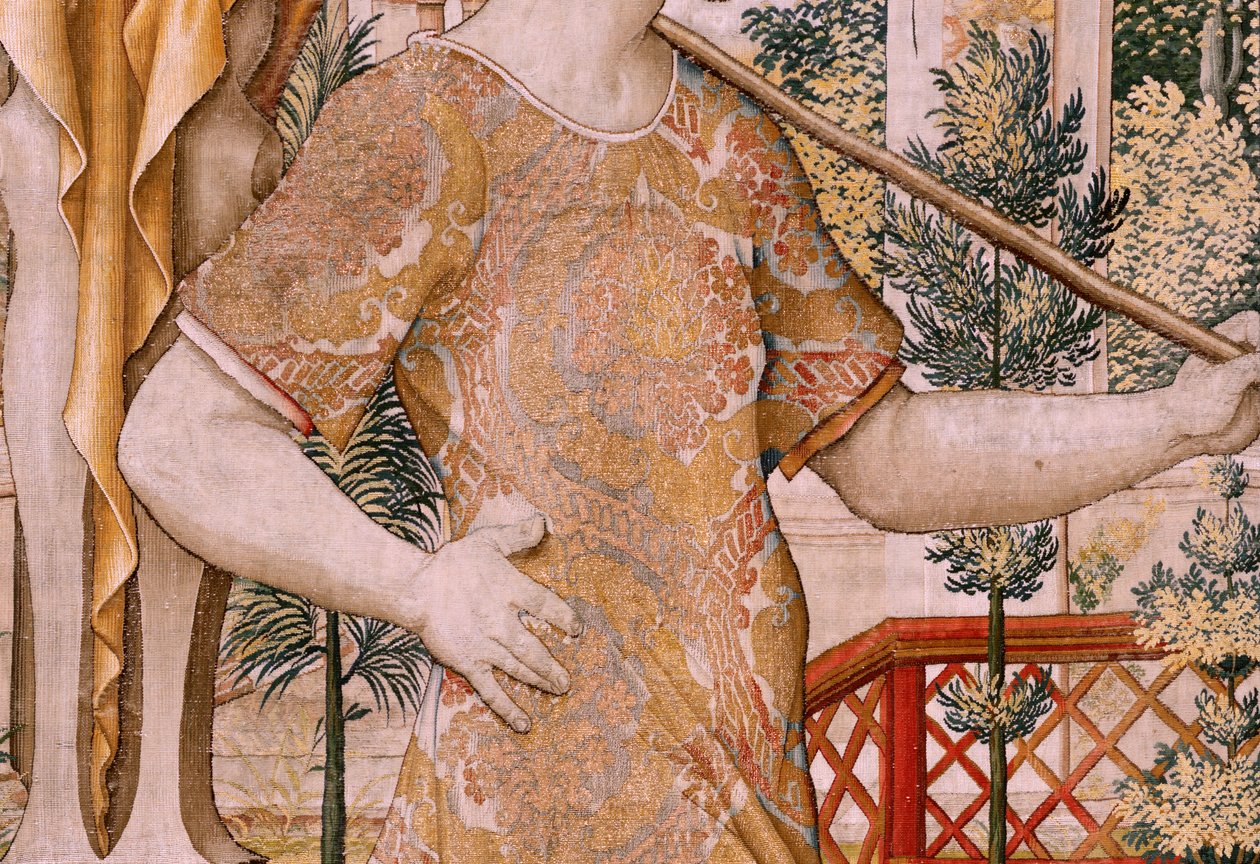 Flaman halısı. Vertumnus ve Pomona Serisi. Çiftçiye dönüşen No II Vertumnus (Vertumno y Pomona II Vertumno transformado en agricultor) no1 sol kısım. Modeller Çemberi Pieter Coecke Van Aelst ve Léonard Thiry. Atölye bilinmiyor, Brüksel. Altın, by Flemish School