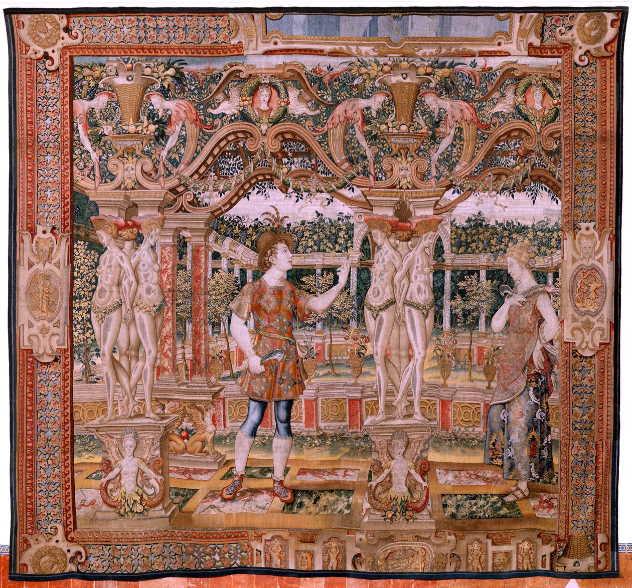 Flaman halısı. Vertumnus ve Pomona Serisi. Budama makinesine dönüştürülen IV Vertumnus yok (Vertumno y Pomona IV (Vertumno transformado en podador). Modeller Circle of Pieter Coecke Van Aelst ve Léonard Thiry. Atelier bilinmiyor, Brüksel. Altın, ipek ve yü by Flemish School