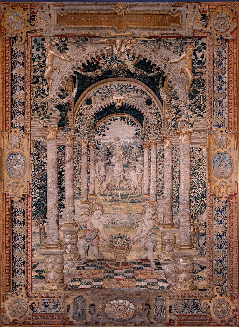 Flaman halısı. Vertumnus ve Pomona Serisi. Serinin yedinci halısı; Vertumnus bir balıkçıya dönüştü (orta kısım). Modeller Çemberi Pieter Coecke Van Aelst ve Léonard Thiry. İmalat Bilinmeyen atölye, Brüksel. 1550