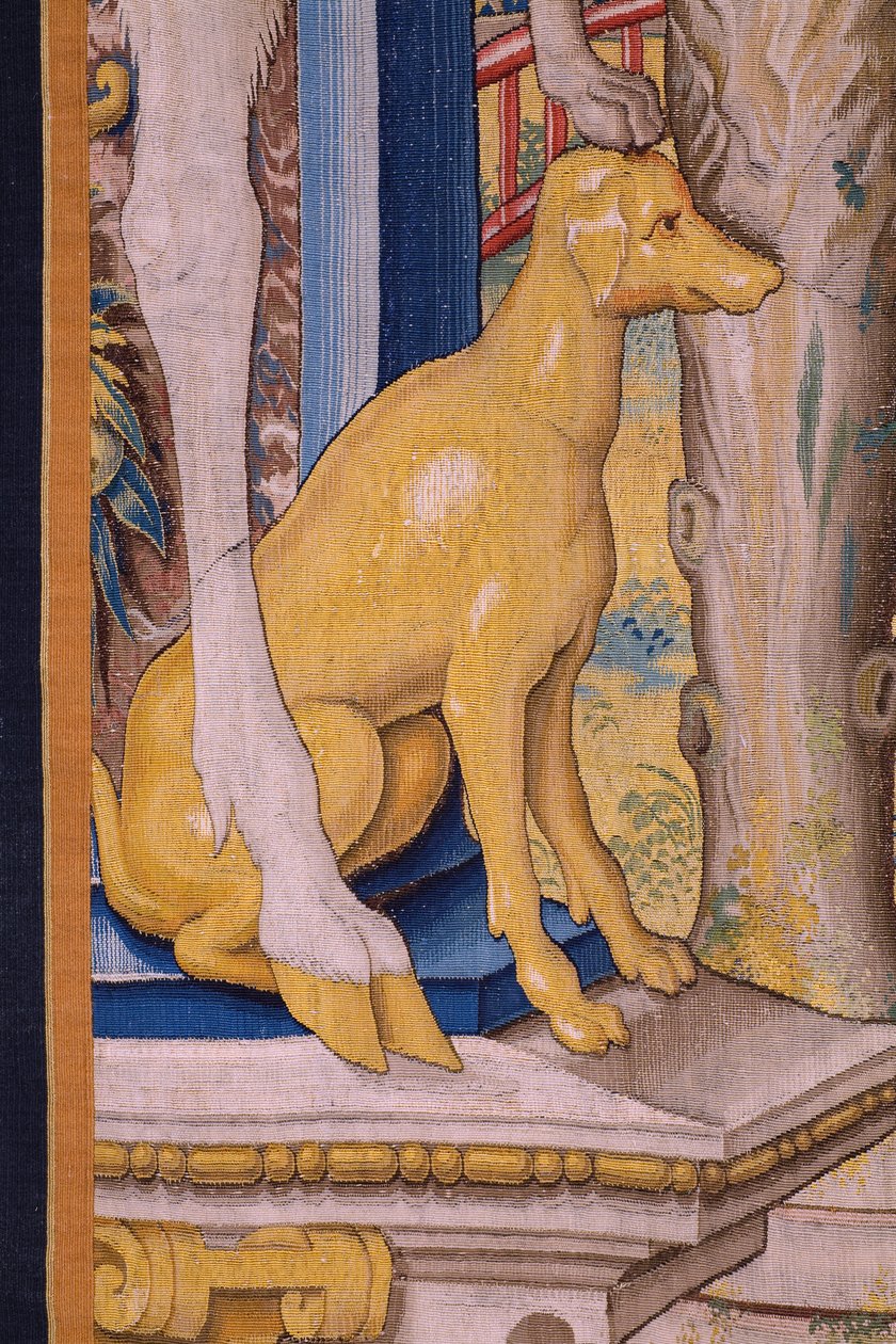 Flaman halısı. Vertumnus ve Pomona Serisi: Bir çiftçiye dönüşen Vertumnus (çiftçi olarak Vertumnus, Vertumno transformado ve çiftçi olarak). Willem de Pannemaker stüdyosu. yaklaşık 1545-1550. Detay. by Flemish School