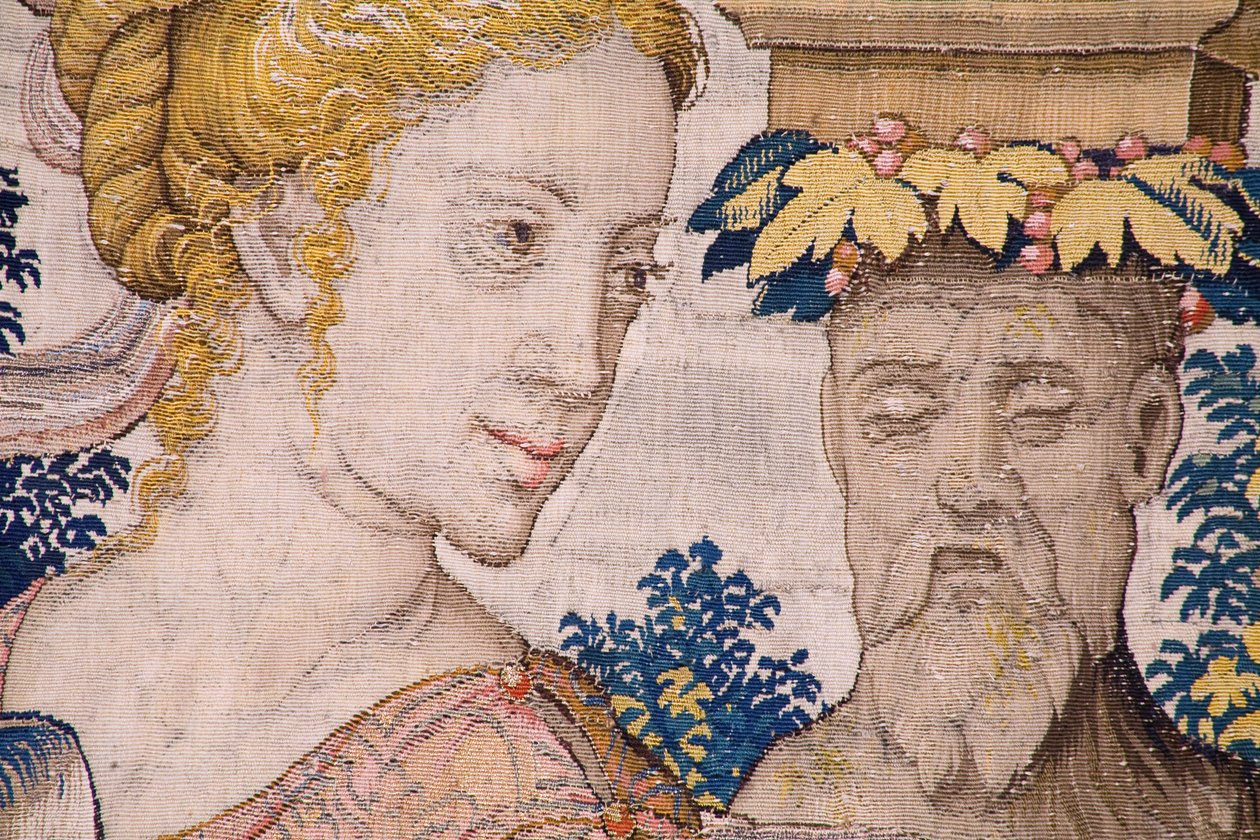 Flaman halısı. Vertumnus ve Pomona Serisi: Bir çiftçiye dönüşen Vertumnus (çiftçi olarak Vertumnus, Vertumno transformado ve çiftçi olarak). Willem de Pannemaker stüdyosu. yaklaşık 1545-1550. Detay. by Flemish School
