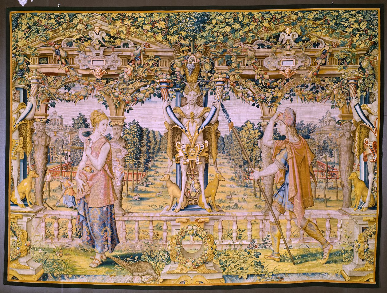 Flaman halısı. Vertumnus ve Pomona Serisi: Bir çiftçiye dönüşen Vertumnus (çiftçi olarak Vertumnus, Vertumno transformado ve çiftçi olarak). Willem de Pannemaker stüdyosu. yaklaşık 1545-1550. by Flemish School