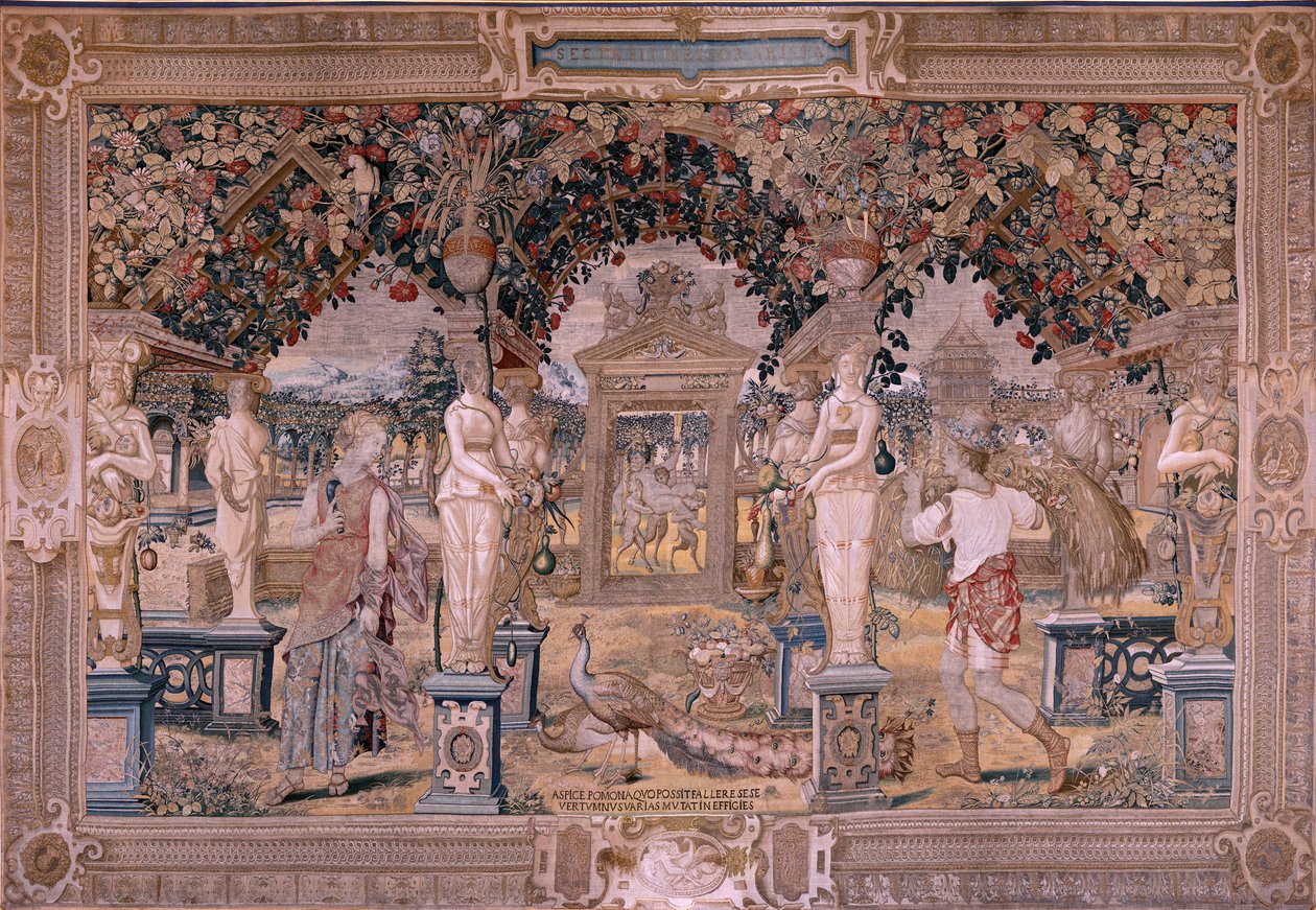 Flaman halısı. Vertumnus ve Pomona Serisi. Vertumnus bir hasat makinesine dönüştü (Vertumno transformado en segador). Serinin ilk halısı. Pieter Coeck van Aelst