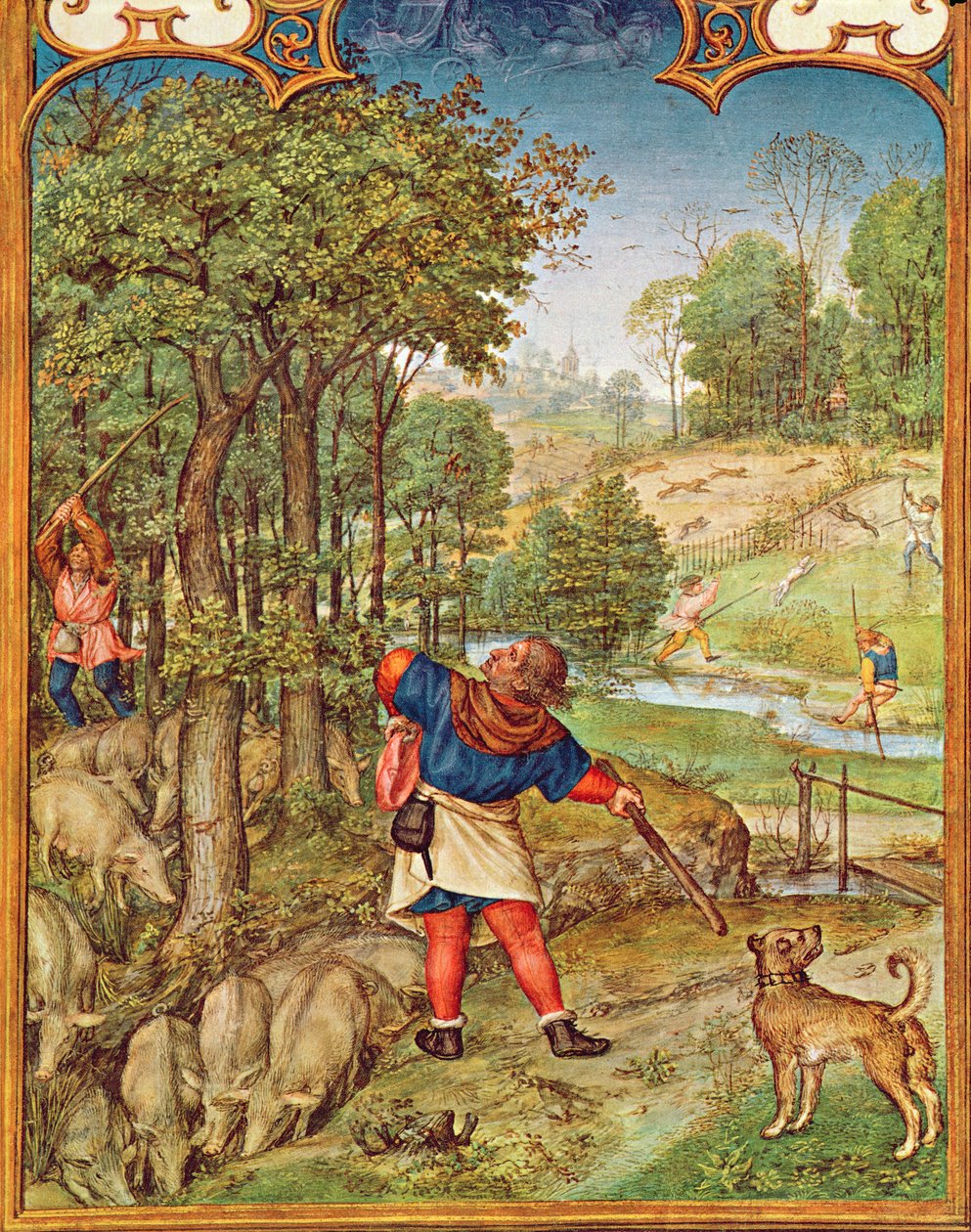 Fol.11v Kasım Ayı: Domuzlar için Meşe Palamudu Hasadı ve Avlanma, Breviarium Grimani