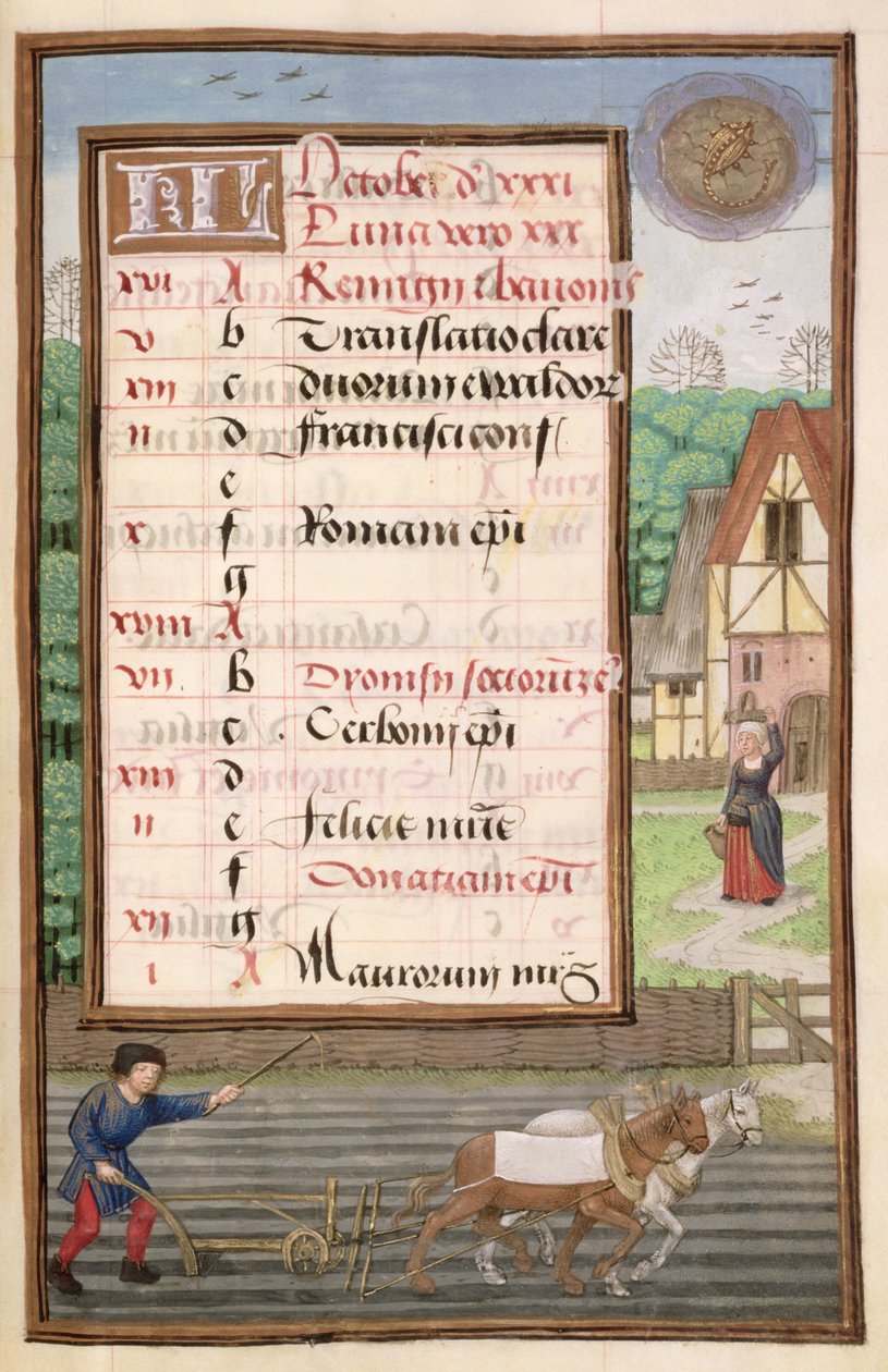 Ms 1058-1975 f10r İki Atlı Çiftçilik, bir Saatler Kitabından Ekim ayı için ışıklı takvim sayfası, c.1500 by Flemish School