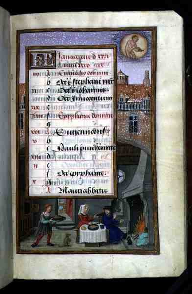 Ms 1058-1975 f1r Çift Şölen, Ocak ayı için ışıklı takvim sayfası, bir Saatler Kitabından, c.1500 (parşömen) by Flemish School