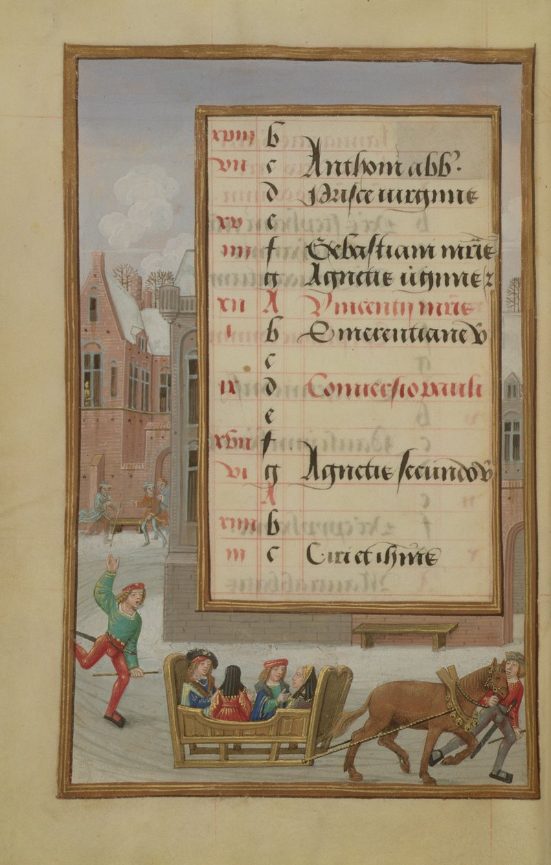 Ms 1058-1975 f1v Karda Sokak Manzarası, Ocak ayı için aydınlatılmış takvim sayfası, bir Saatler Kitabından, c.1500 by Flemish School